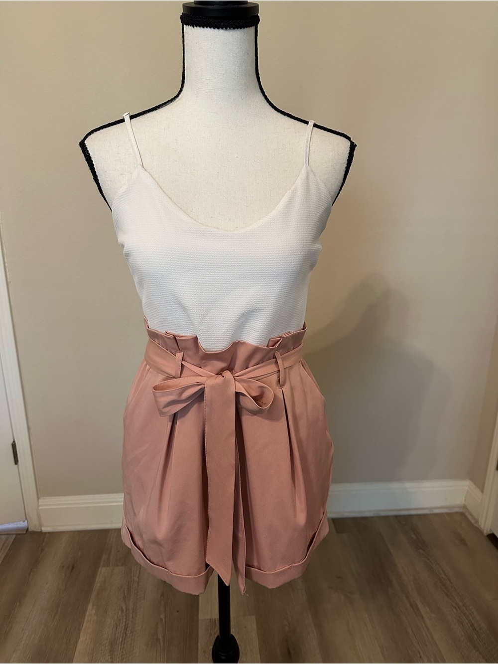 Revamped Dusty Blush Paperbag-Waist Romper with Self-Tie Belt
